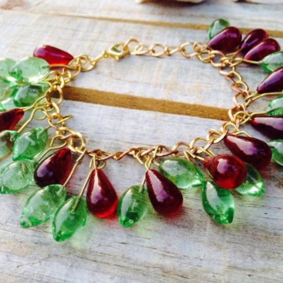 Hand Made Jewelry - Green and Red Glass Drop Charms Bracelet